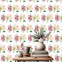 Decorative Floral Motifs Red White Peach Pattern  Wallpaper