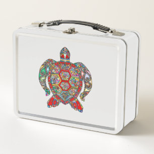Decorative floral ornamental sea turtle line art metal lunch box