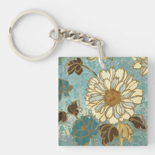 Decorative Florals in Blue and White Key Ring