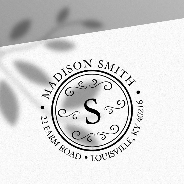 Decorative Flourish Round Circle Monogram Address Self-inking Stamp (Creator Uploaded)
