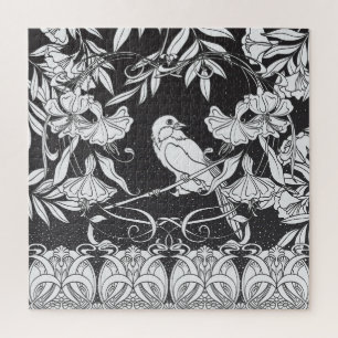 Decorative Flowers Bird Nouveau Poster Jigsaw Puzzle