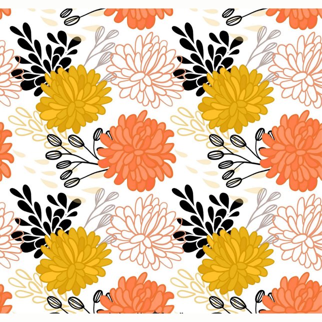 Decorative Flowers Cushion (Seamless pattern with flowers, black leaves and branches on a white background. )