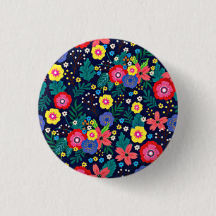 Decorative Flowers Leaves Black Background 3 Cm Round Badge