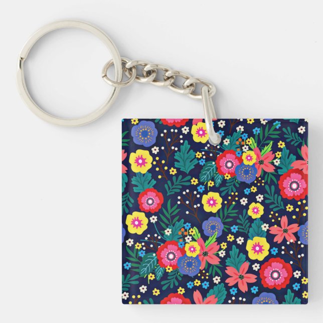 Decorative Flowers Leaves Black Background Key Ring (Front)