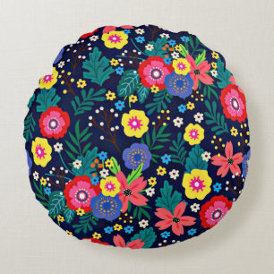 Decorative Flowers Leaves Black Background Round Cushion