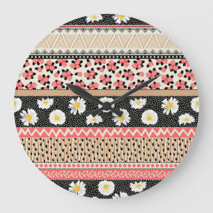 Decorative Flowers: Patchwork Tile Pattern Large Clock