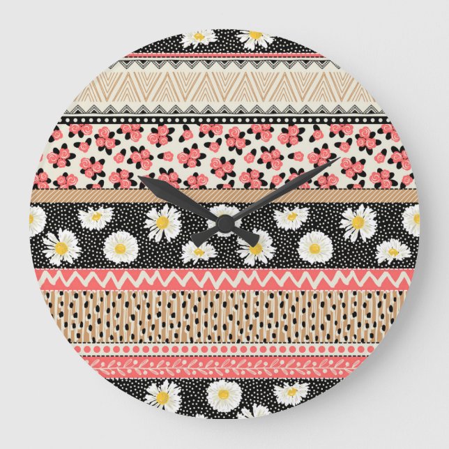 Decorative Flowers: Patchwork Tile Pattern Large Clock (Front)
