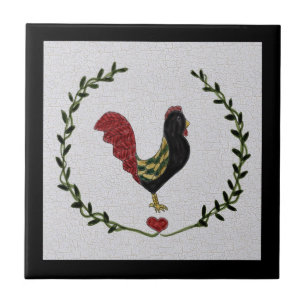 Decorative Folk Art Rooster and Heart Garland Tile