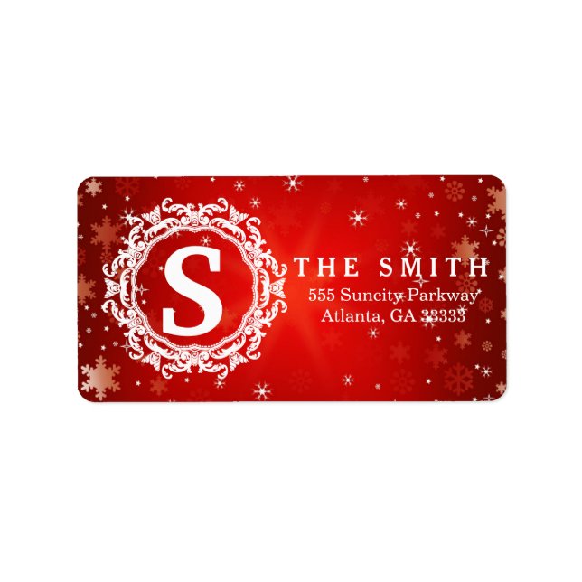 Decorative Frame Monogram Red Snowflake Christmas Label (Front)