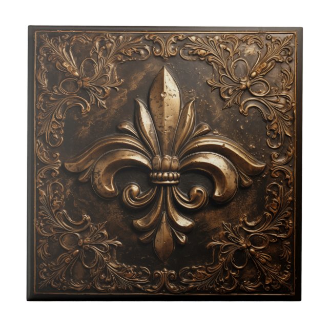 Decorative French Metallic Gold Fleur de Lis Ceramic Tile (Front)