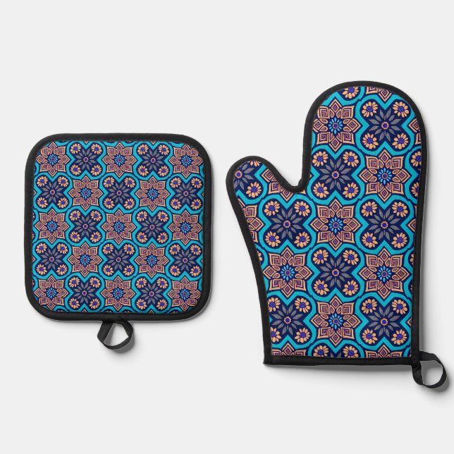 Decorative Geometric Floral Pattern Oven Mitt & Pot Holder Set (Front)