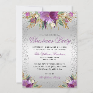 Decorative Glitter Flowers, Silver Christmas Party Invitation