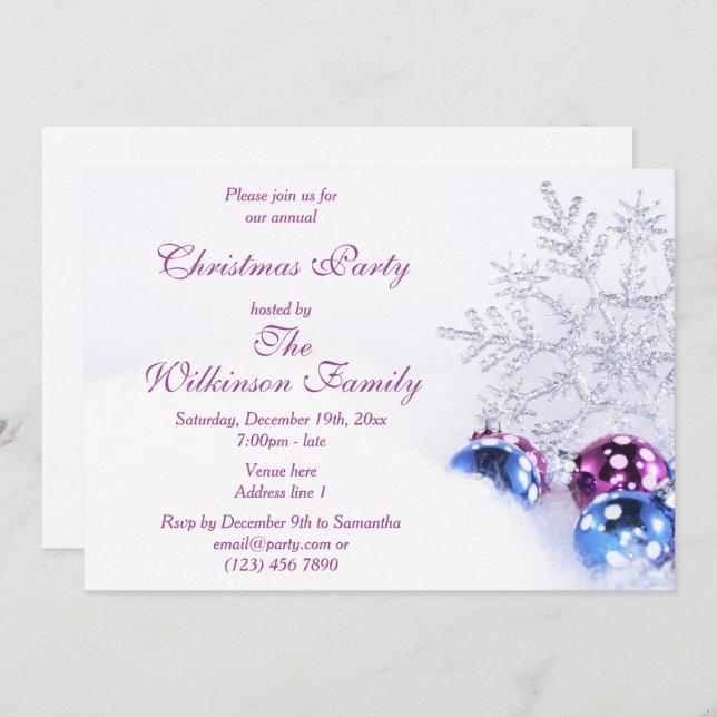 Decorative Glitter Snowflake & Festive Baubles  Invitation (Front/Back)