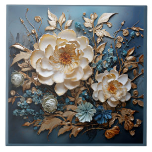 Decorative gold and teal blue floral design ceramic tile