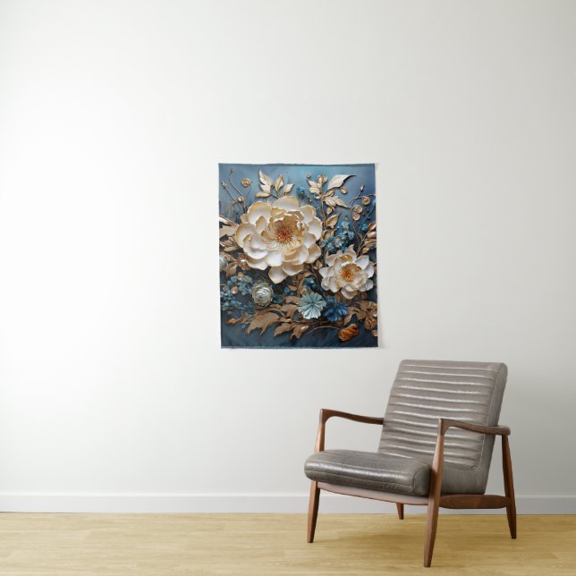 Decorative gold and teal blue floral design tapestry (In Situ)