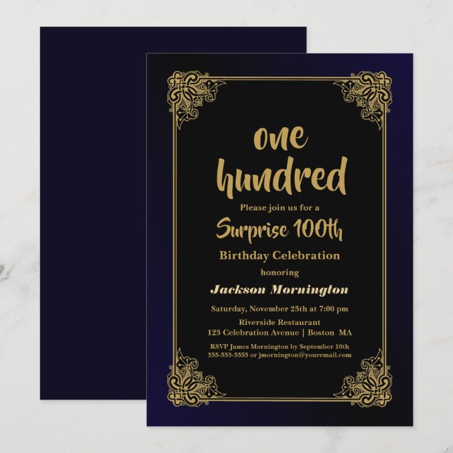 Decorative Gold Blue Surprise 100th Birthday Party Invitation (Front/Back)