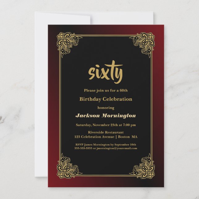 Decorative Gold Border Burgundy 60th Birthday Invitation (Front)
