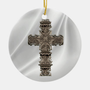 Decorative Gold Cross On White Satin Ornament