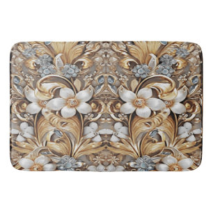 Decorative Gold White Floral Bath Mat