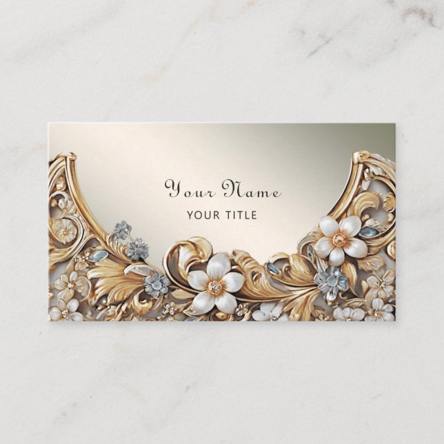 Decorative Gold White Floral Business Card (Front)