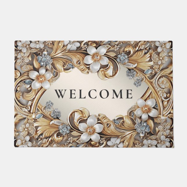 Decorative Gold White Floral Doormat (Front)
