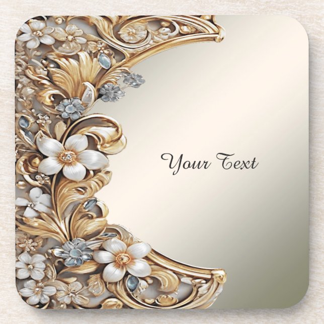 Decorative Gold White Floral Hard plastic coaster (Front)