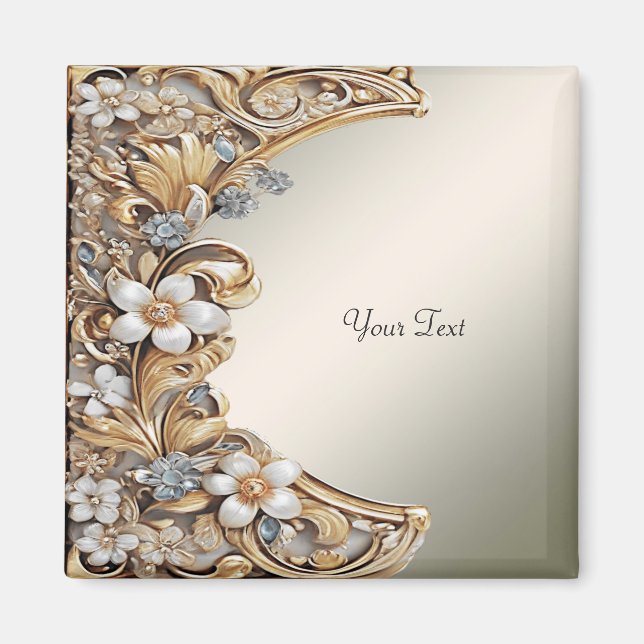 Decorative Gold White Floral Magnet (Front)