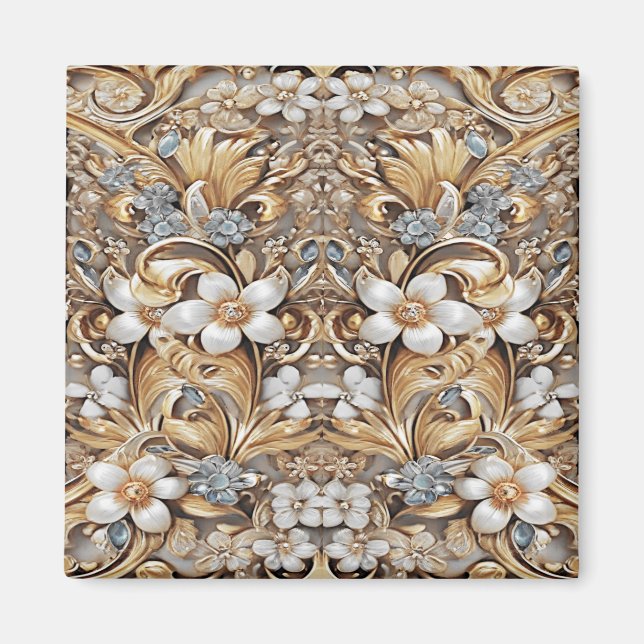 Decorative Gold White Floral Magnet (Front)