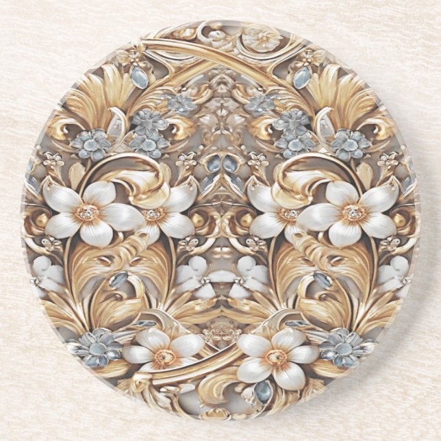 Decorative Gold White Floral Sandstone Coaster (Front)