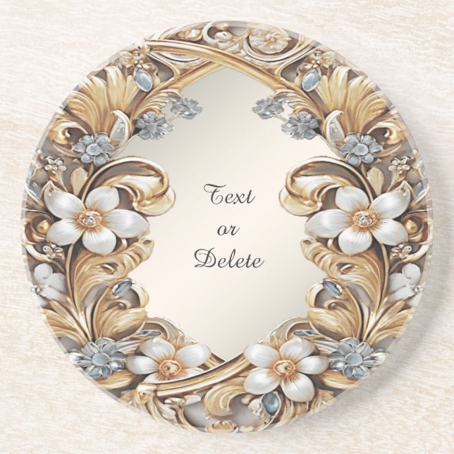 Decorative Gold White Floral Sandstone Coaster (Front)
