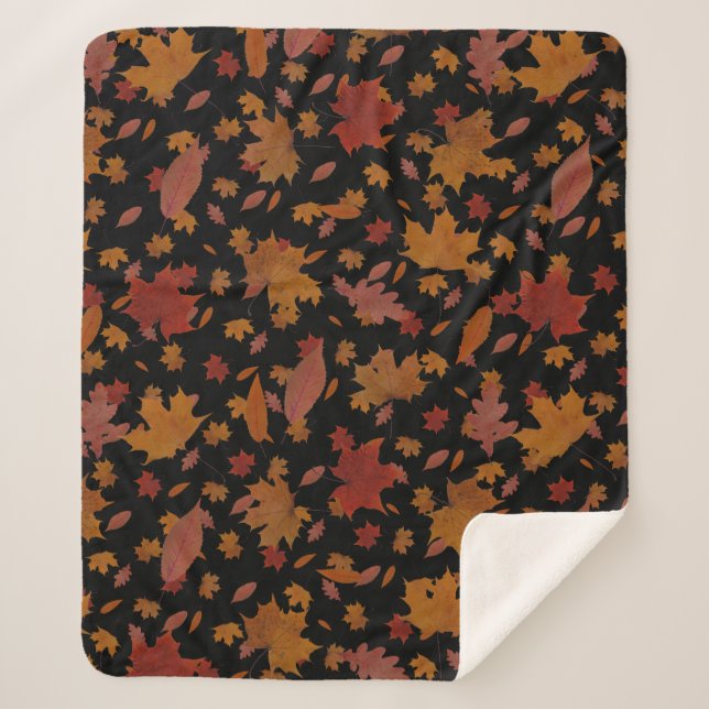 Decorative Golden Autumn Leaves on Custom Black Sherpa Blanket (Front)