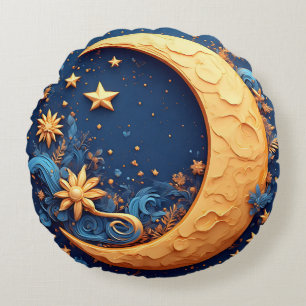 Decorative Golden Crescent Moon Round Cushion