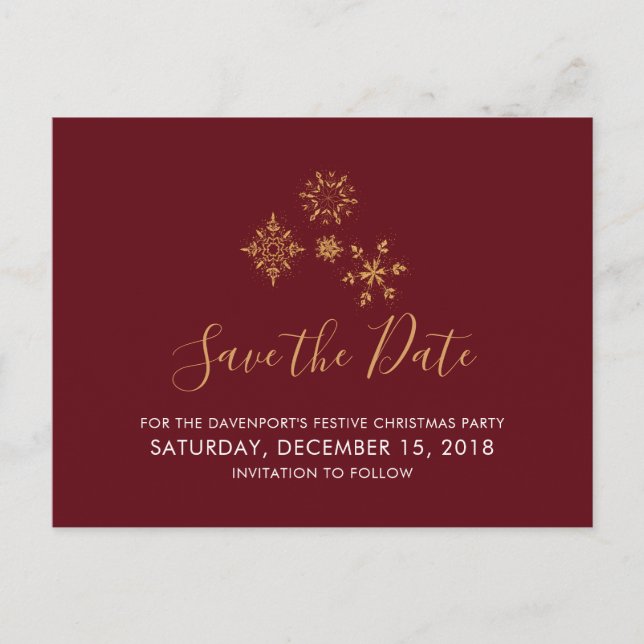 Decorative Golden Snowflakes Xmas Save The Date Postcard (Front)