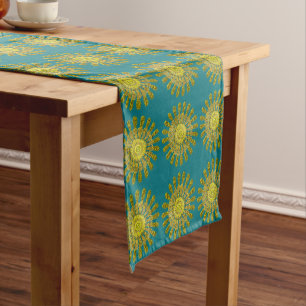 Decorative golden sun symbol short table runner