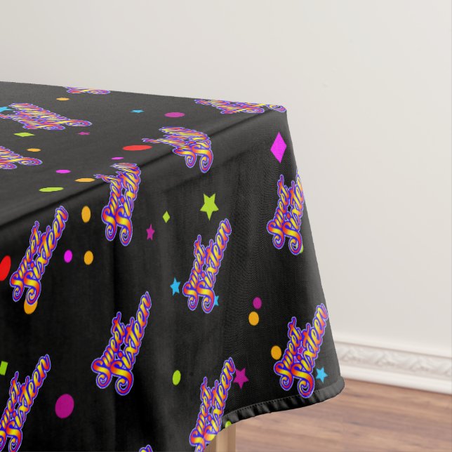 Decorative Gradient Stylised Sweet 16 on Black Tablecloth (In Situ)