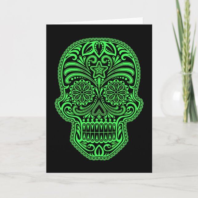 Decorative Green and Black Sugar Skull Card (Front)