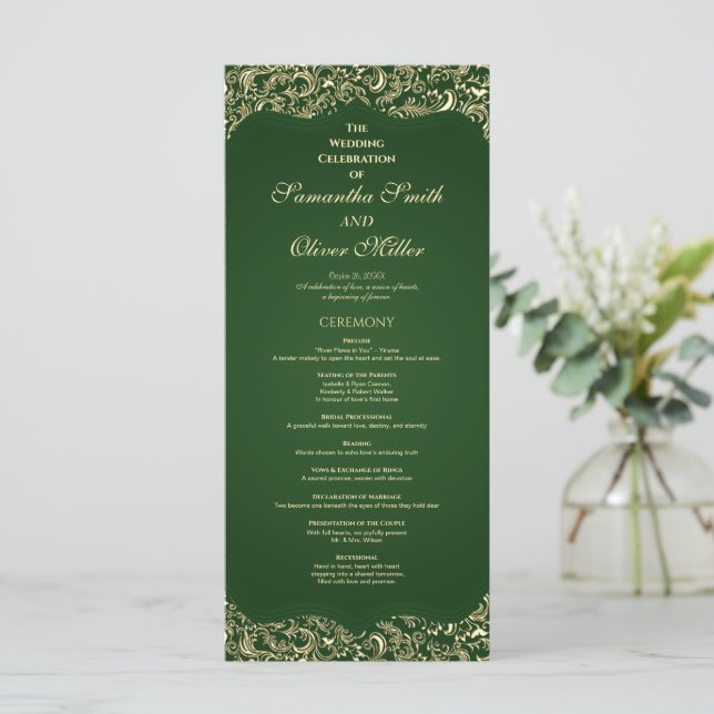 Decorative Green And Gold Wedding Program (Standing Front)