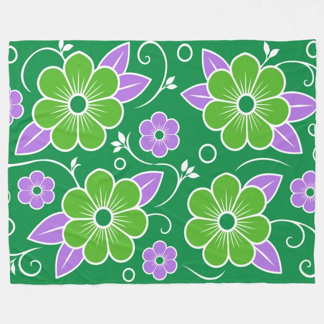 Decorative Green and Purple Floral Pattern Fleece Blanket (Front (Horizontal))