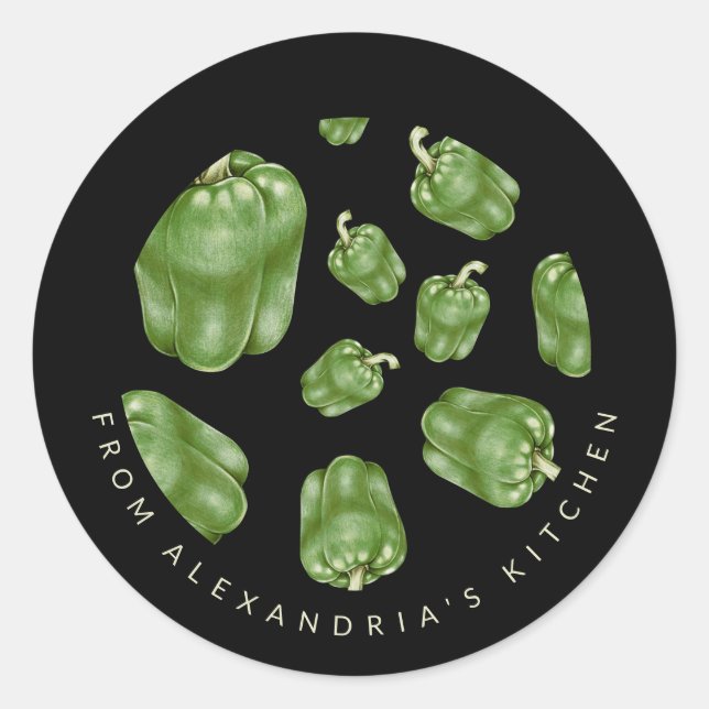 Decorative Green Bell Pepper Pattern with Text Classic Round Sticker (Front)
