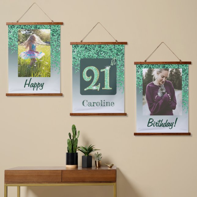 Decorative Green Glitter 2 Photos 21st Birthday Hanging Tapestry (Asymmetrical)