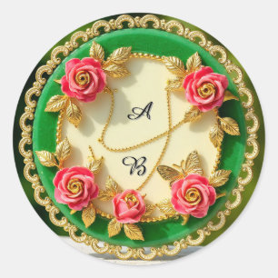 Decorative Green Rim Plate With Pink Rose Classic Round Sticker