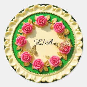 Decorative Green Rim Plate With Pink Rose Classic Round Sticker