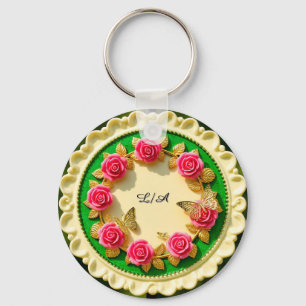 Decorative Green Rim Plate With Pink Rose Key Ring