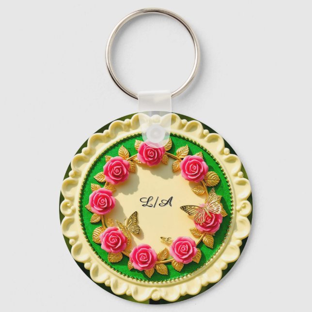 Decorative Green Rim Plate With Pink Rose Key Ring (Front)