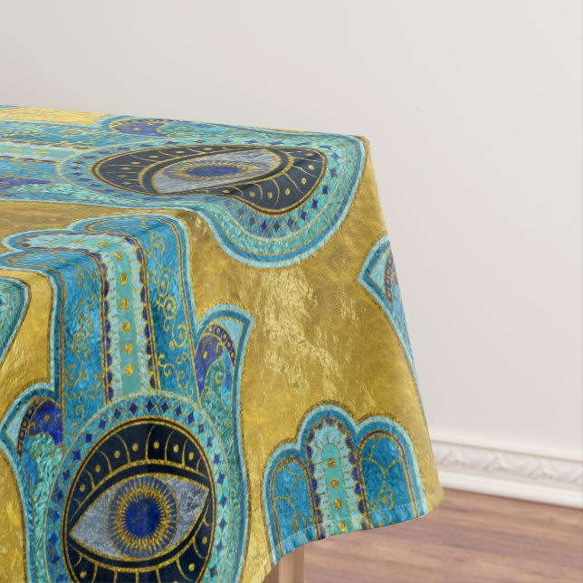 Decorative Hamsa Hand pattern on gold Tablecloth (In Situ)