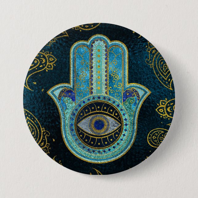 Decorative Hamsa Hand with paisley background 7.5 Cm Round Badge (Front)