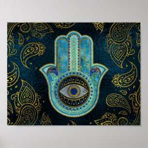Decorative Hamsa Hand with paisley background Poster