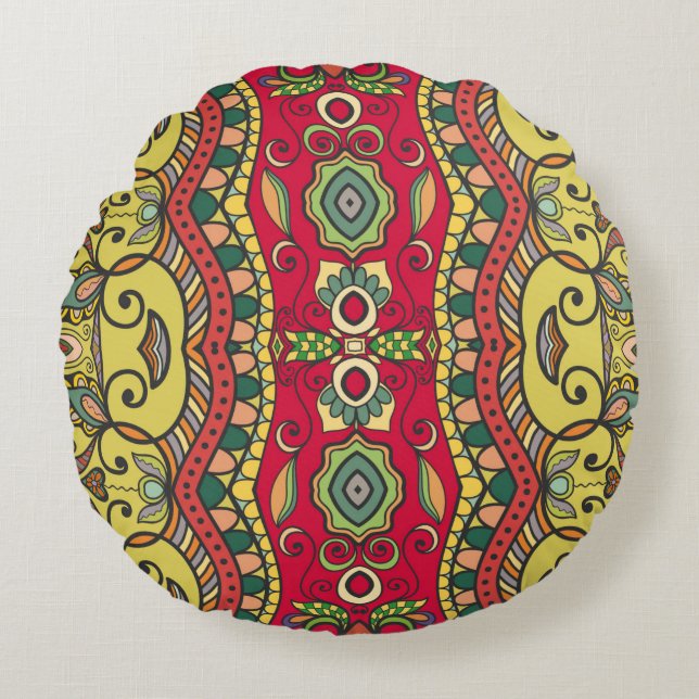 Decorative hand drawn seamless pattern. Colourful  Round Cushion (Front)