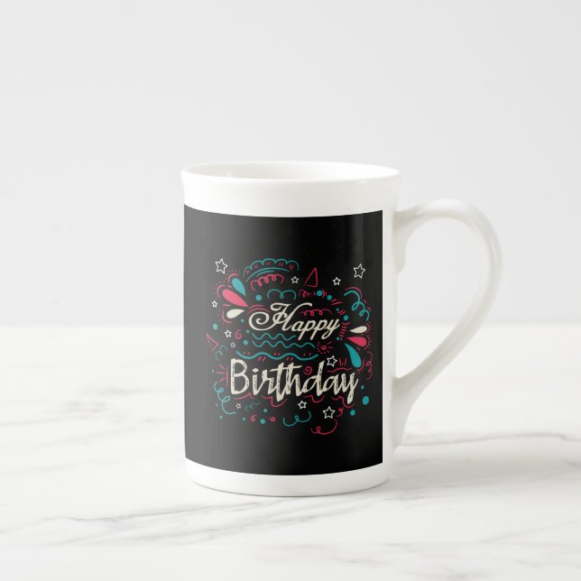decorative happy birthday bone china mug (Right)