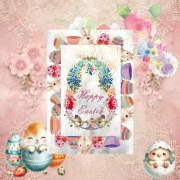 Decorative Happy Easter Egg Bunny Bird Floral Card